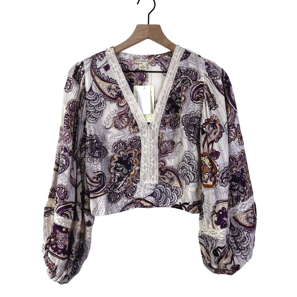 Band of The Free Cottagecore Paisley Blouse Lace Trim Balloon‎ Sleeve Cropped XS